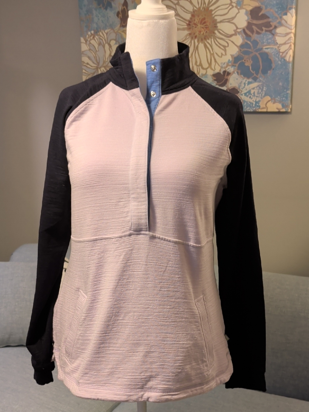 T By Talbots Color Block Half-Snap Pullover - Light Purple and Navy